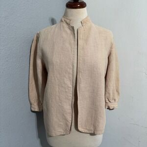Vintage Pinot Noir 100% Linen Size M Open Front Jacket‎ Beige Mandarin Collar